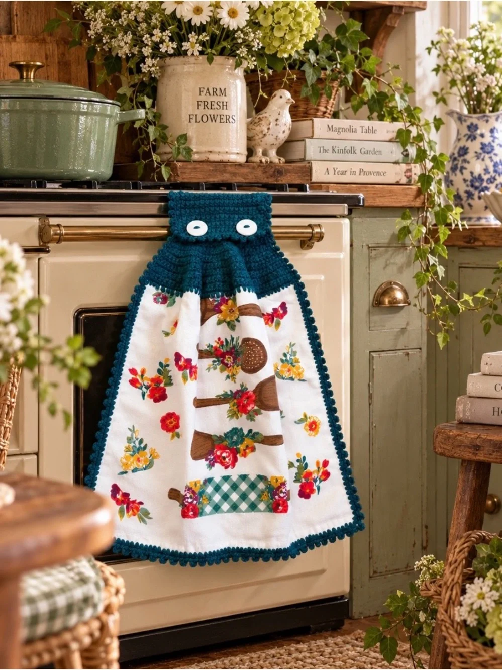 Pioneer Woman Handmade Crochet Hanging Kitchen Towel Teal Floral Utensils